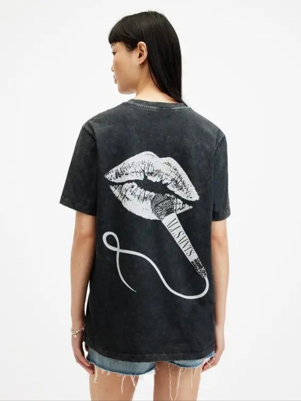 AllSaints "Mic BF Tee" Graphic Boyfriend T-Shirt in Charcoal Black – Size XS